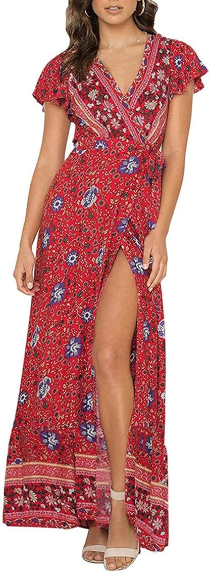 ZESICA Women's Bohemian Floral Printed Wrap V Neck Short Sleeve Split Beach Party Maxi Dress | Amazon (US)