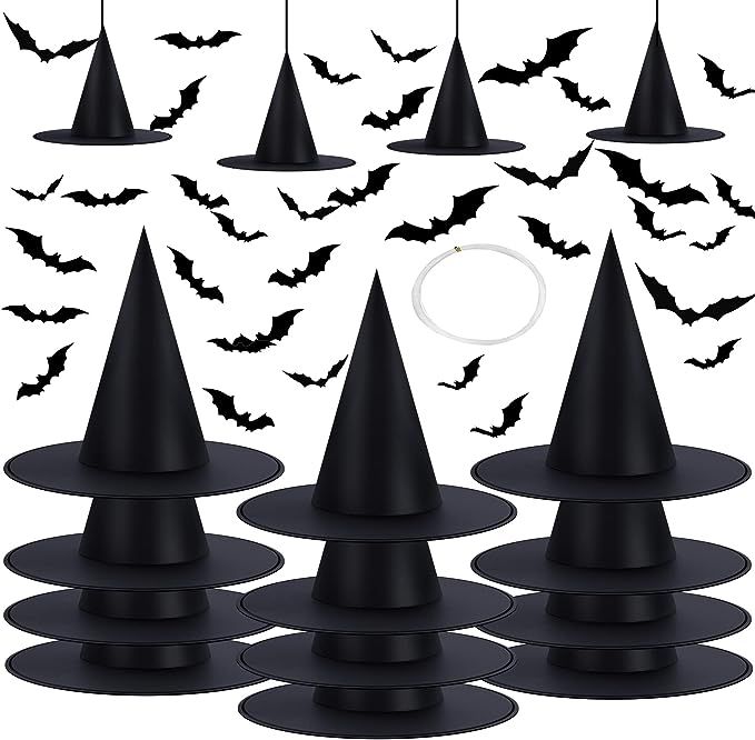 Halloween Decorations Witch Hat Set - 12PCS Black Witch Hats & 32PCS 3D Bats, Halloween Decor Hal... | Amazon (US)
