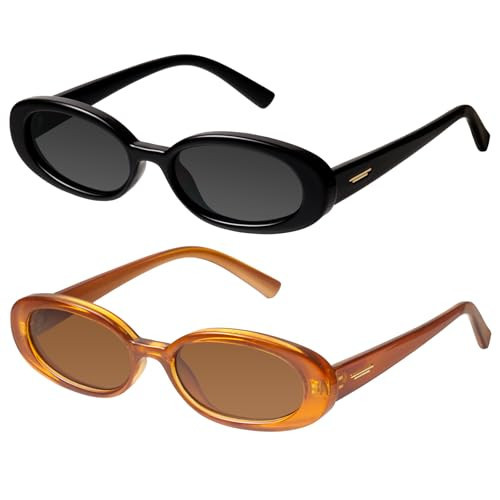 mosanana Retro Oval Sunglasses for Women 90s Small Trendy Fashion Vintage Narrow Thin Narrow Skinny Sun Glasses for Small Face Black and Brown MS52360 | Amazon (US)