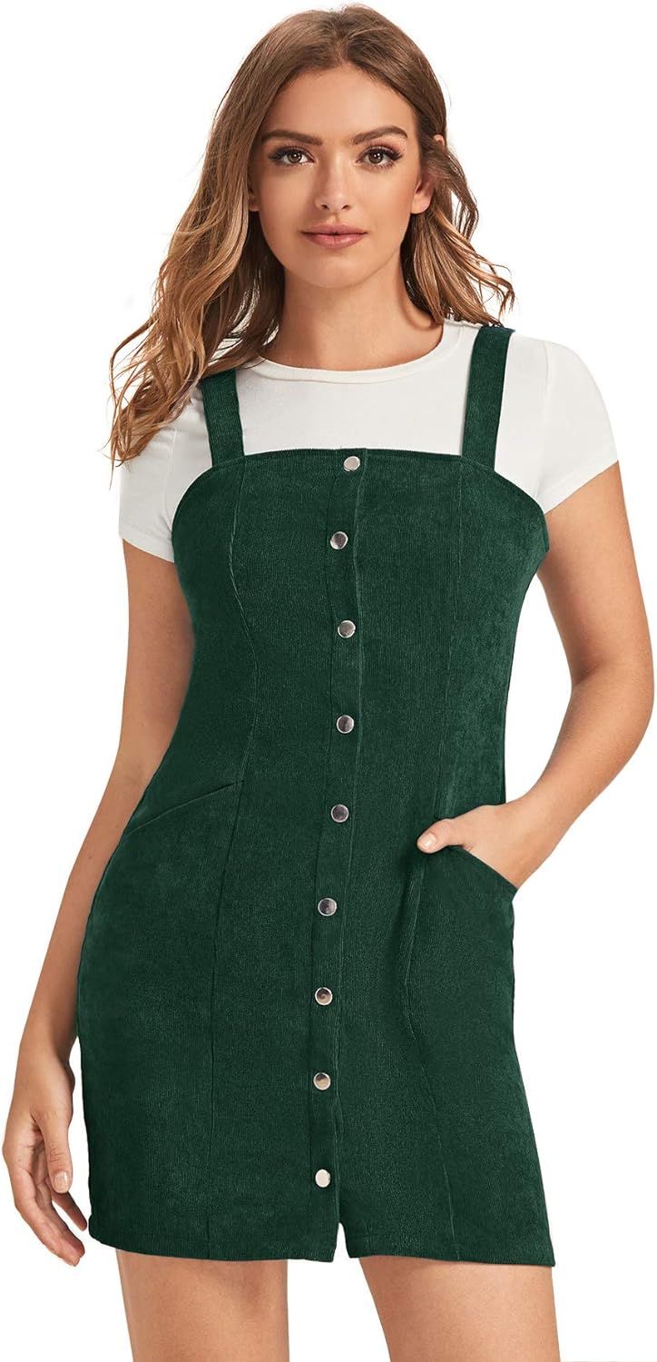 Floerns Women's Corduroy Button Down Pinafore Overall Dress with Pockets | Amazon (US)