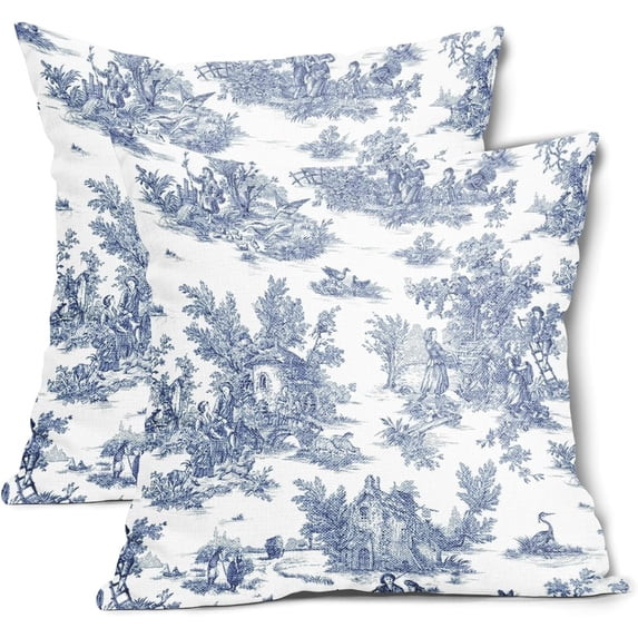 French Country Pillow Covers Set of 2 18x18 Inch Vintage Toile Blue White Cotton Linen Polyester ... | Walmart (US)