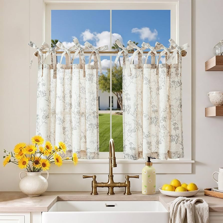 jinchan Floral Kitchen Curtains 24 Inch Linen Tier Curtains Farmhouse Cafe Half Window Drapes Ove... | Amazon (US)