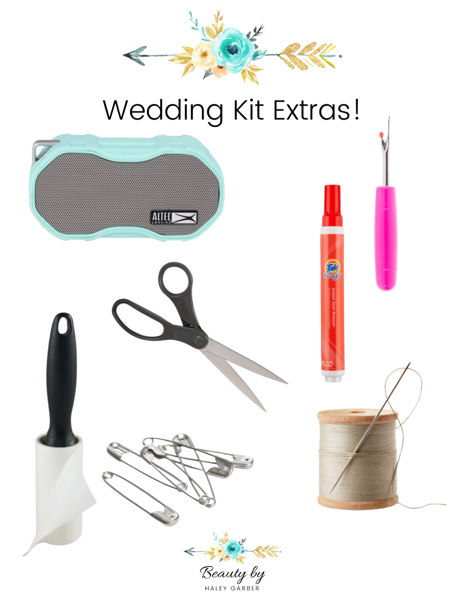 My wedding kit extra MUST HAVES. The amount of times that a seam ripper and a safety pin save a wedding day is unbelievable. A dress needs a safety pinned or stitched for extra security, a bit of wine splashed out - hello tide pen, lint rollers for any unexpected fuzz, and that speaker gets the morning started right EVERY time. These additions help you as the vendor - or maid of honor! - stand out and keep everything moving smoothly.

#LTKunder50 #LTKwedding #LTKbeauty