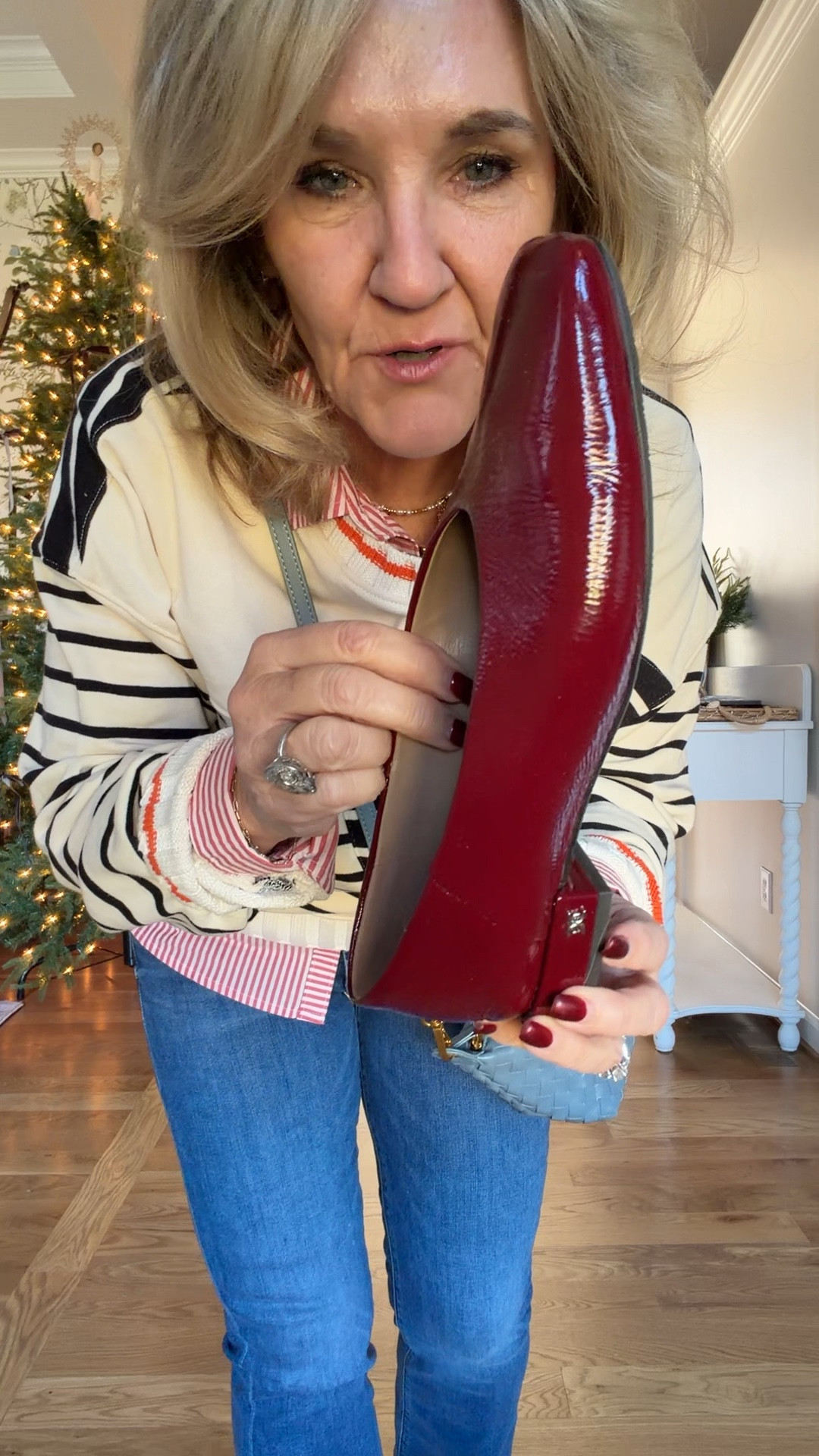 @anthropologie new arrivals. 
Love these burgandy flats. Super cute with socks too. Tts. 
Sweatshirt & sweater size medium 
Mother jeans these you must size up! Wearing a 30 petite 

#LTKootd #LTKPetite #LTKOver40