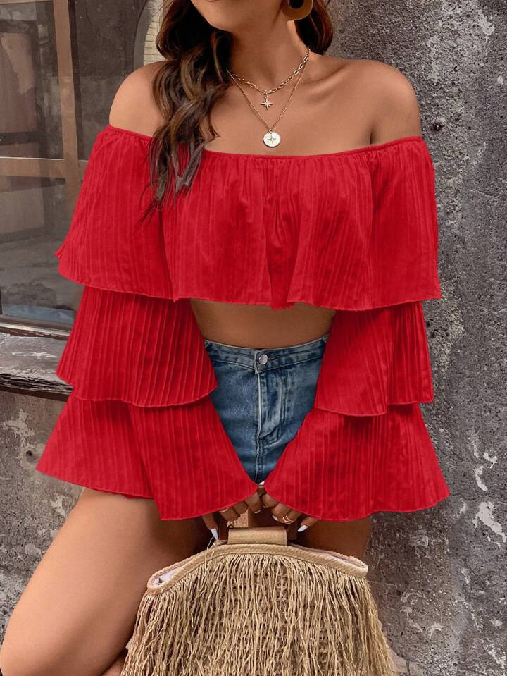 SHEIN LUNE Plus Off Shoulder Ruffle Trim Flounce Sleeve Crop Top | SHEIN