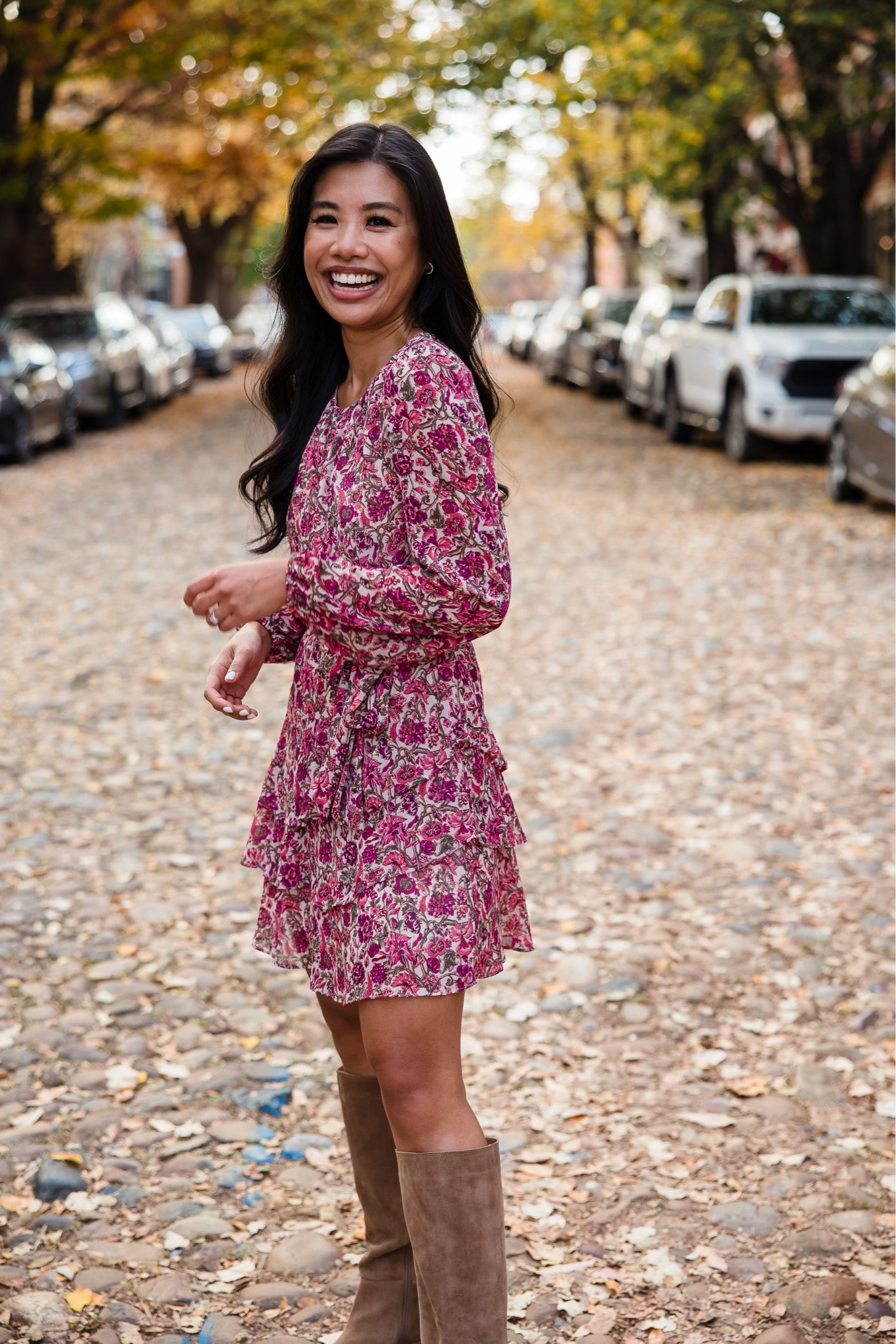 Floral mini dress and knee high boots. Express dress Franco sarto boots. Fall outfit. Thanksgiving outfit. Holiday dress 

#LTKCyberweek #LTKSeasonal #LTKstyletip