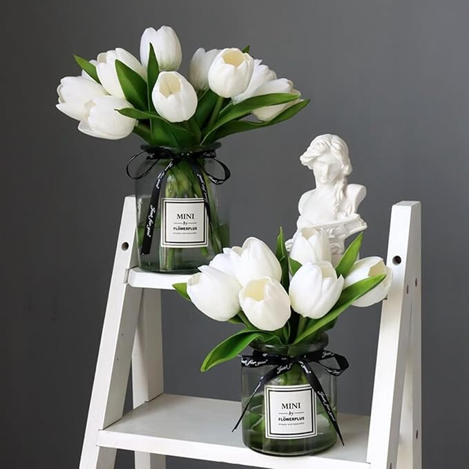White&Green Tulip Flowers Artificial Luxury Big Tulip Valentine's Day Mother's Day Easter Home Ki... | Amazon (US)
