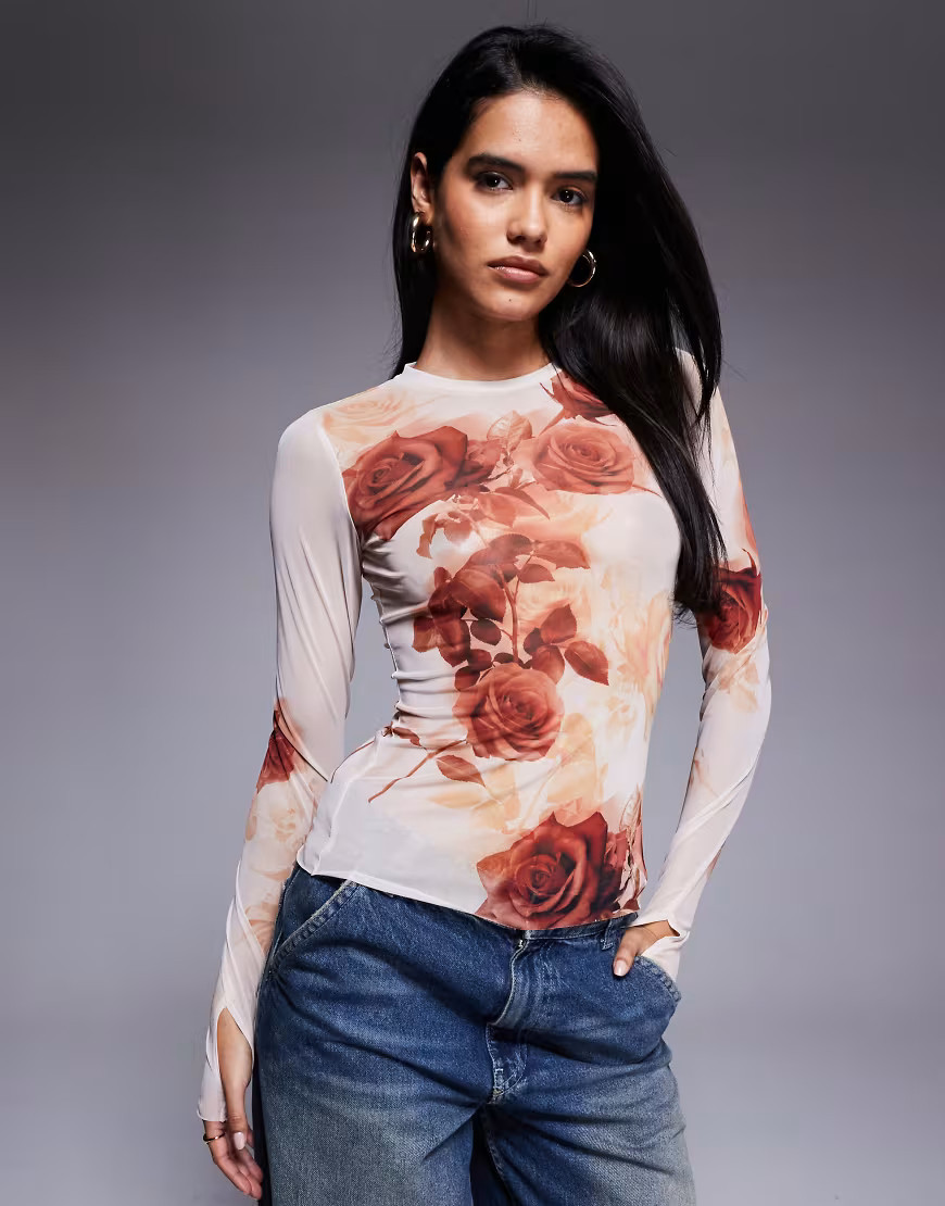 AFRM mesh long sleeve top in beige rose print-Pink | ASOS (Global)