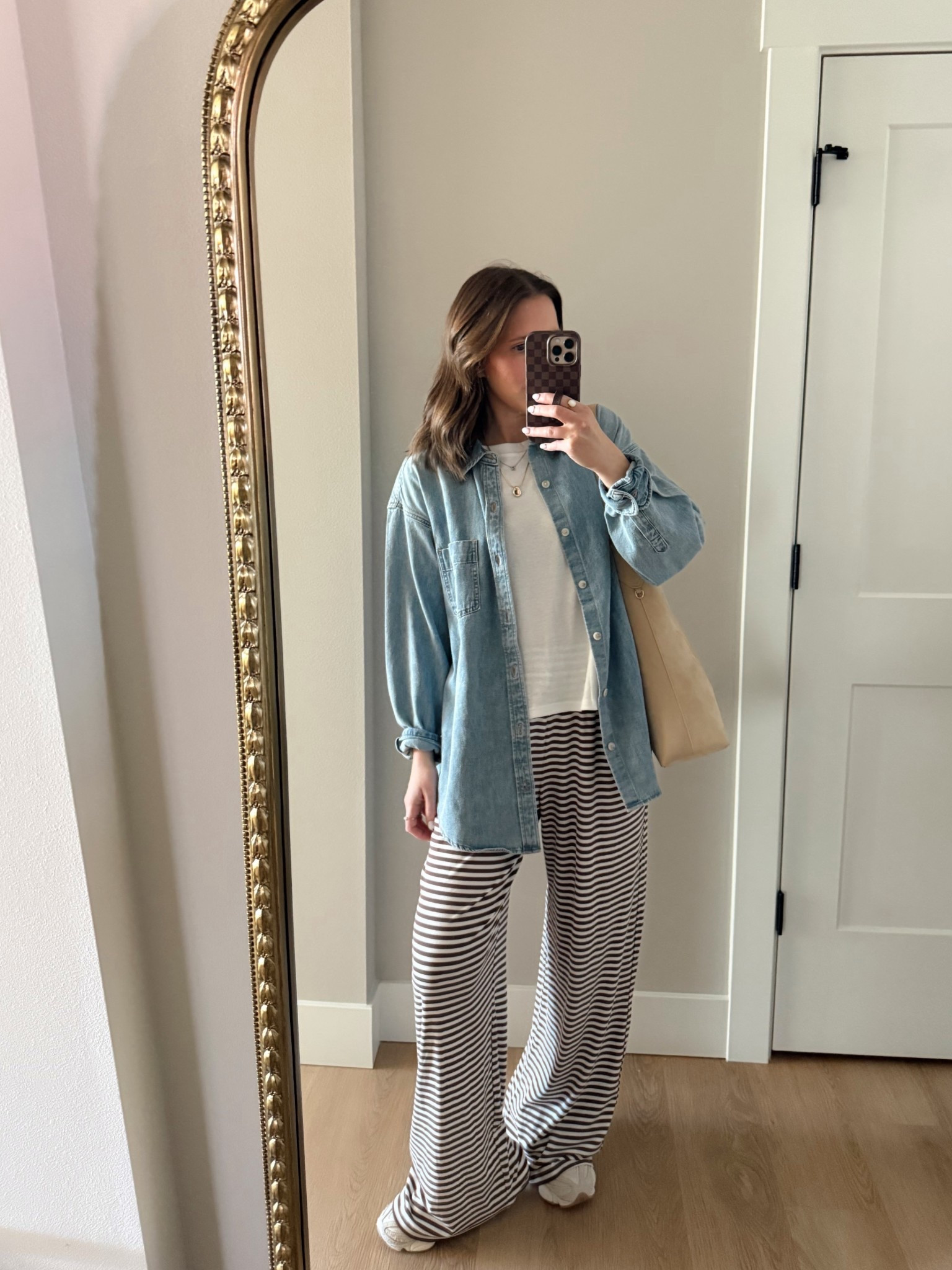 Casual ootd✨I love this combo! These are the comfiest pants! Paired with my favorite Amazon tee and the best denim button down (it’s a closet staple!)

ootd, pull on pants, casual style, denim button down, outfit idea, striped pants, Abercrombie finds 