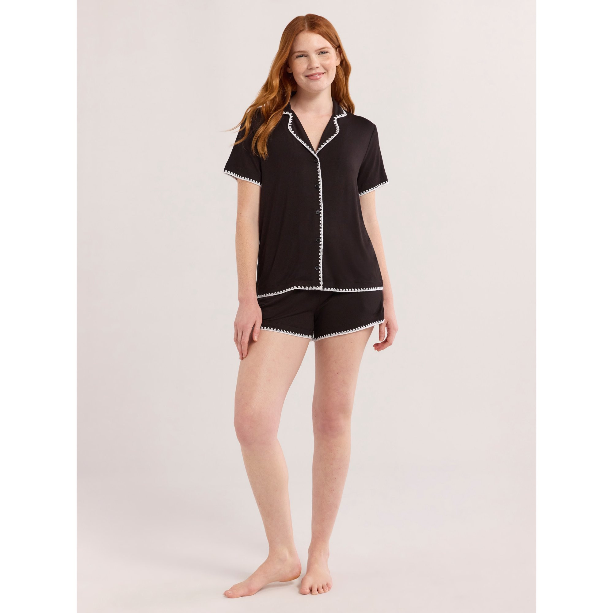 Joyspun Women’s Short Sleeve Notch Top and Shorts Pajama Set with Blanket Stitching, Sizes XS-3... | Walmart (US)