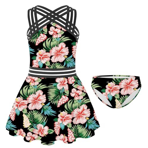 ADUKIDE Tankini Swimsuit for Girls Two Piece Swimdress with Criss Cross Straps Summer Beach Hawaiian Hibiscus Tropical Bathing Suit Size 9 10 | Amazon (US)