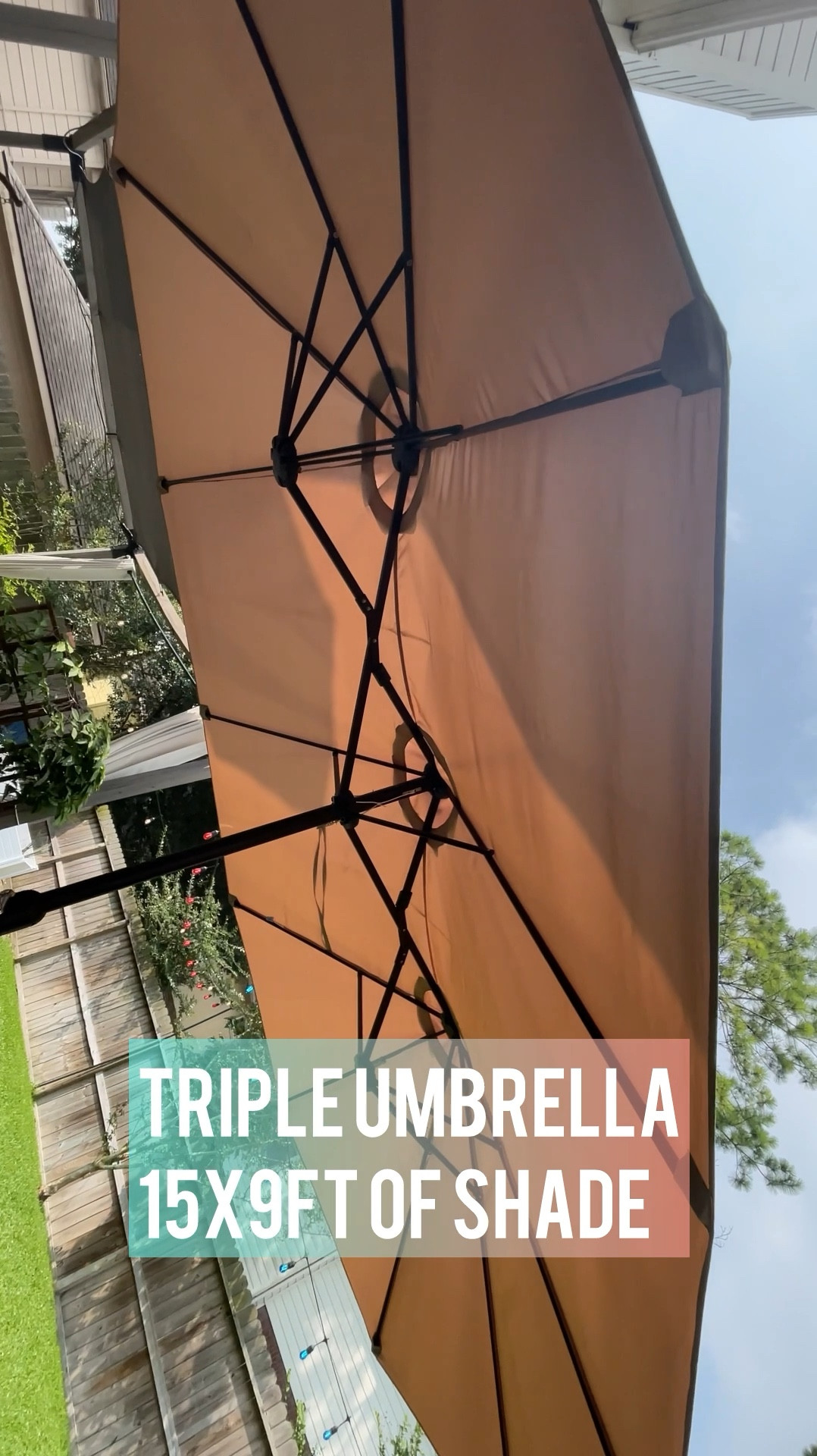 Keep everyone comfortable at your outdoor parties with this oversized market umbrella! 

This umbrella is a triple sized umbrella that opens up wide and is single-handed operation! This large large patio umbrella provides just as much shade as my 10 x 12 pergola does over our backyard but it required no installation besides setting up the base (yes the weighted base is included!). 

We got this 2 summers ago and I have never been happier to  report that it is still in great condition. We keep it uncovered, most of the summer season, but I do cover it for extreme weather with a waterproof cover.  

We use it when hanging out in the backyard and it keeps our patio space comfortable when we are having outdoor parties during summertime   

#LTKVideo #LTKSeasonal #LTKSummerSales