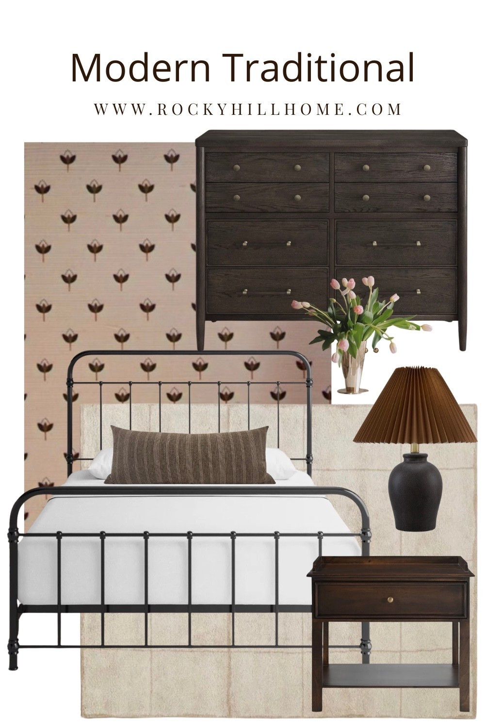  This Modern Traditional mood board is cozy, grounded, and timeless.
I’m obsessed with how the patterned grasscloth wallpaper adds a soft, organic layer behind the sharp lines of the black iron bed frame. By pairing dark wood furniture (hello, moody dresser!) with a pleated lampshade and a textured lumbar pillow, the space feels curated rather than "matched."
Design Tip: Use grasscloth to add instant warmth to a neutral room without needing a bright color.

#LTKSaleAlert #LTKHome