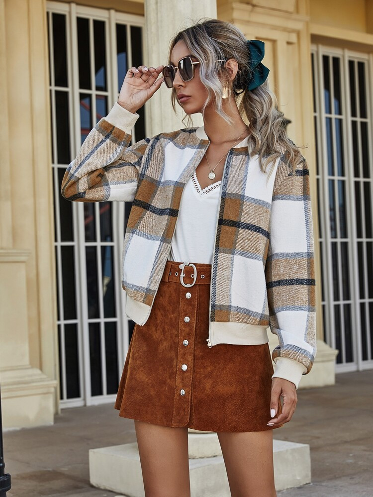 Plaid Wool-mix Bomber Jacket | SHEIN