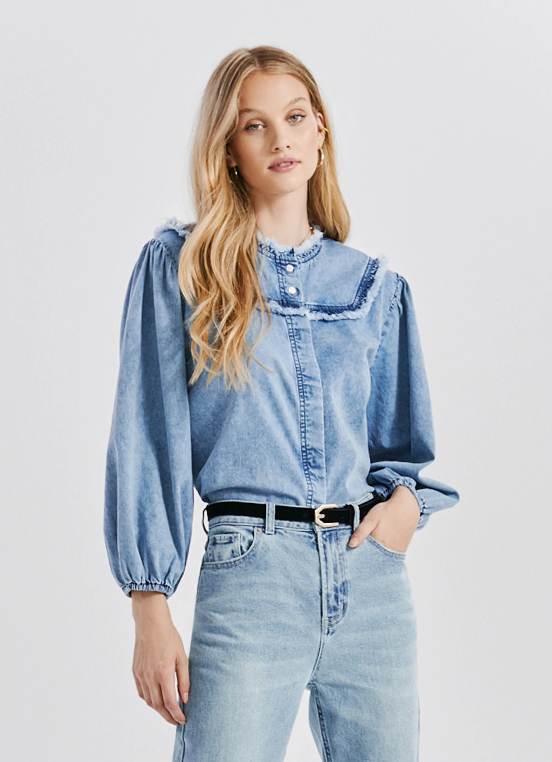 Chambray Ruffle Shirt Denim | Something Navy | Something Navy