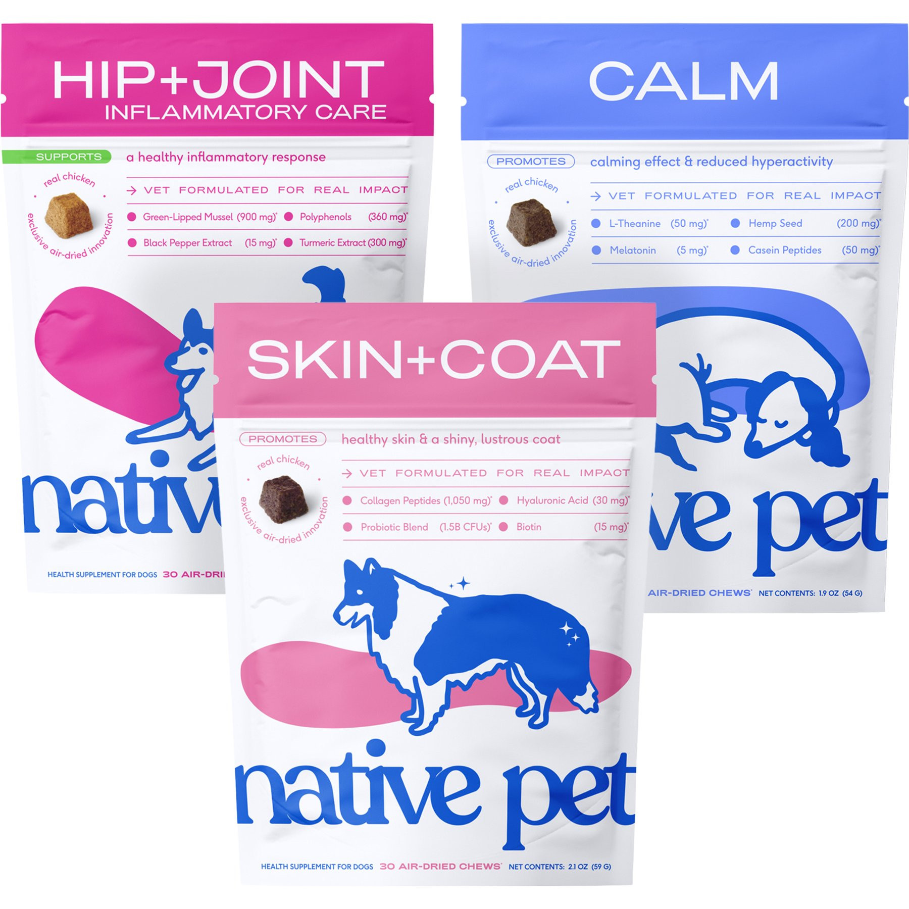 Native Pet Chews Sampler Bundle: Calming, Hip & Joint, Skin & Coat Chews for Dogs | Chewy