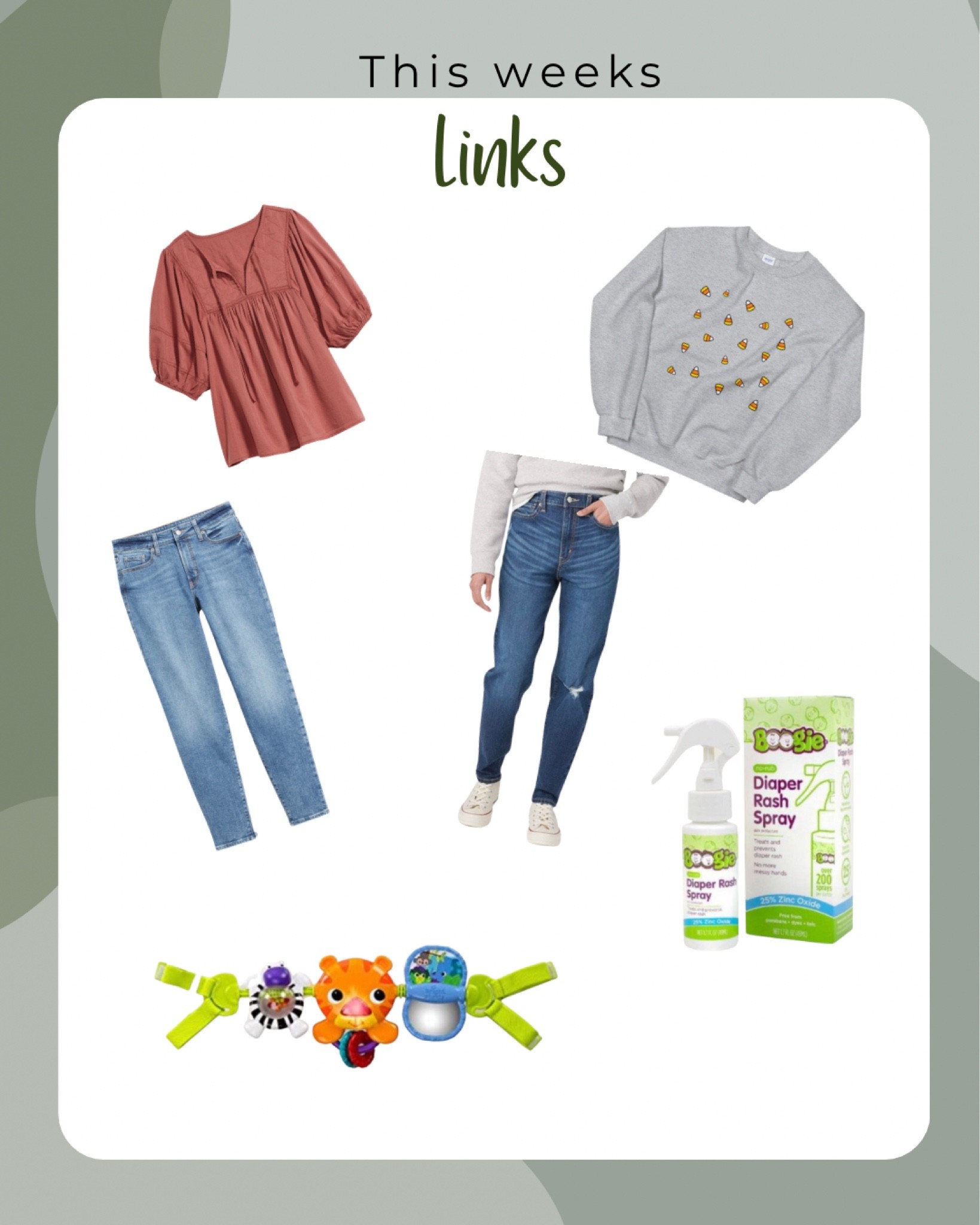Weekly links! Mom jeans, sweater, car seat toy, diaper rash spray 

#LTKstyletip #LTKfamily #LTKunder50
