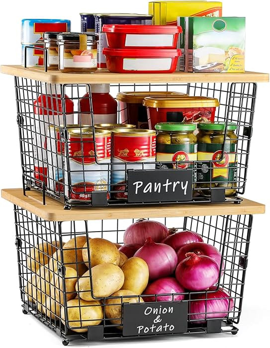 2 Set XXL Stackable Wire Basket with Bamboo Tops & Tag- Pantry Organizer and Storage Bins, Kitche... | Amazon (US)