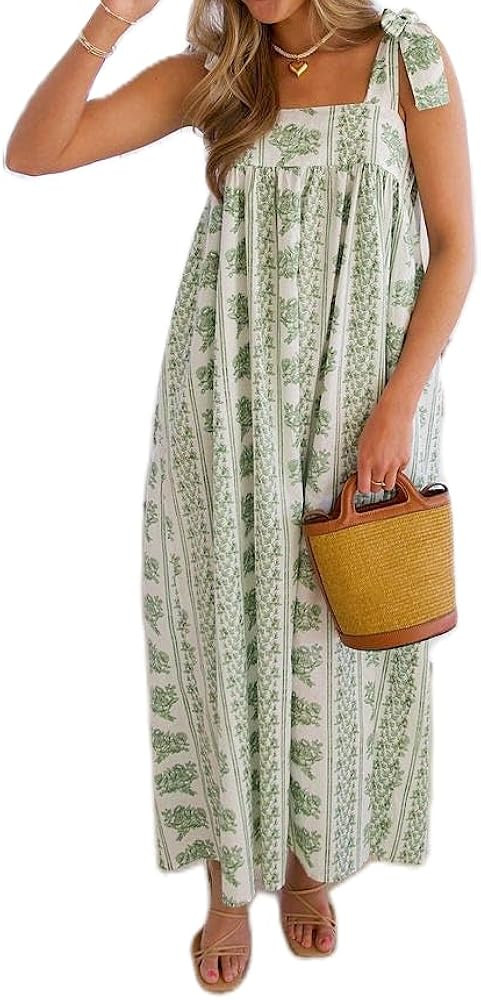 Women Tie Shoulder Boho Floral Maxi Dress Y2k Spaghetti Strap Flowy Long Dresses Summer Tiered Be... | Amazon (US)