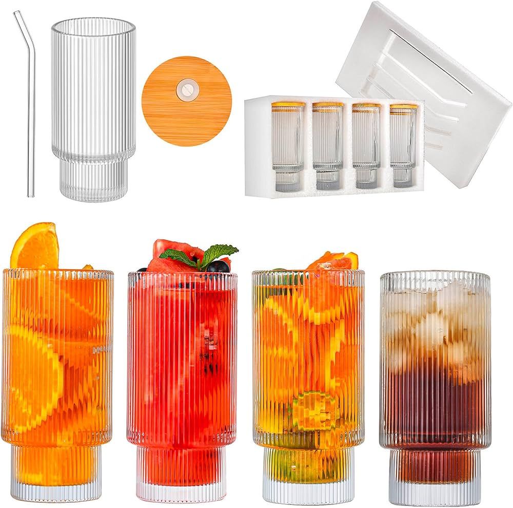 Ribbed Glass Cups with Bamboo Lids and Straw 12oz Set of 4, Perfect for Cocktails, Ribbed Glasswa... | Amazon (US)