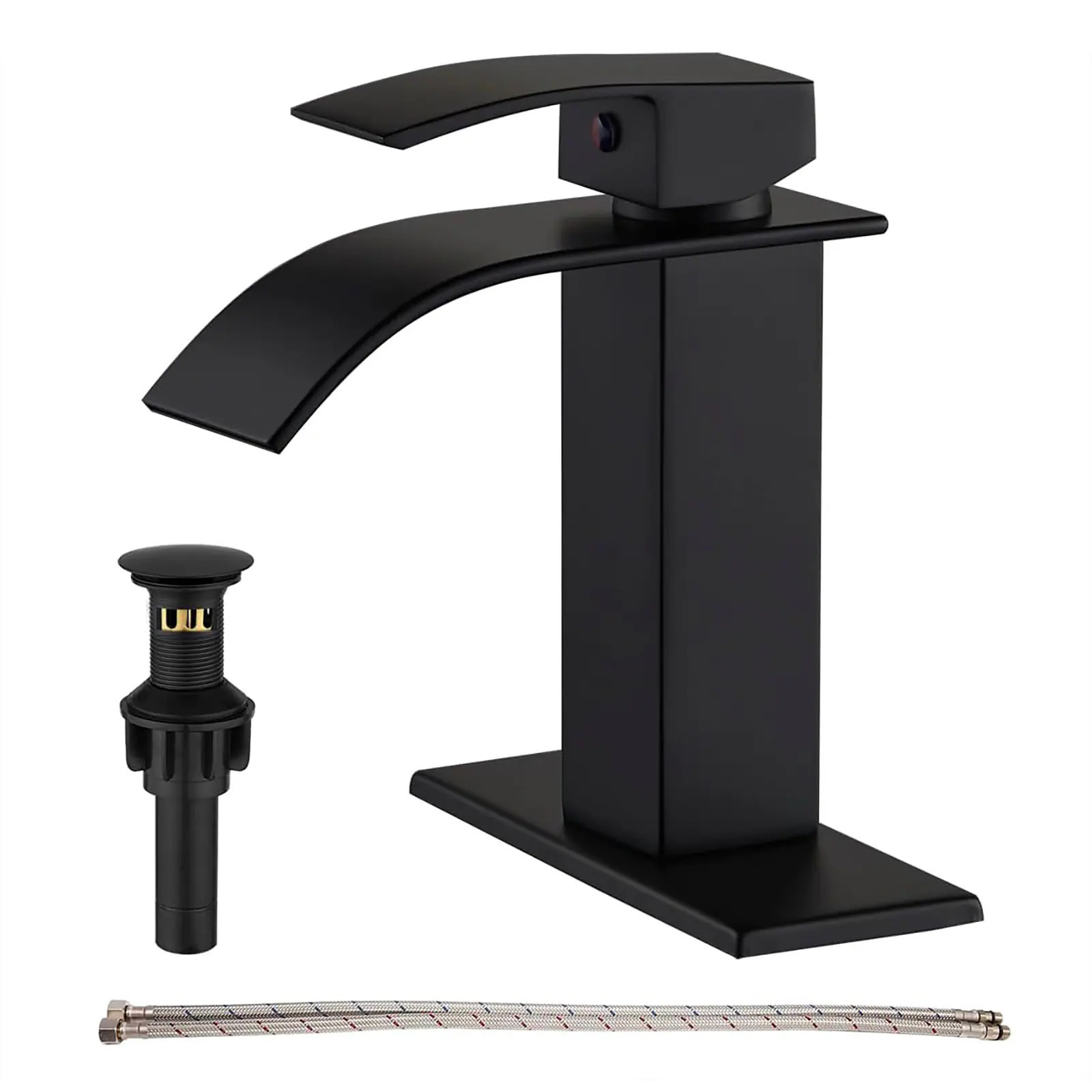 Misopily Matte Black Bathroom Sink Faucet Single Handle Waterfall Design One Hole or 3 Hole Installation with Pop Up Drain Deck Plate 1 Piece | Lowe's