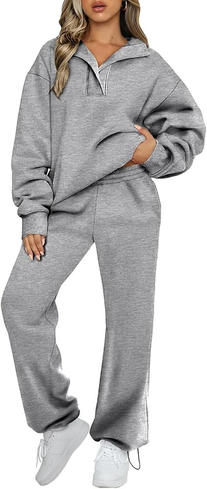 Aleumdr Womens 2 Piece Outfits Fleece Sweatsuit Lounge Set Snap Button Long Sleeve Sweatshirt wit... | Amazon (US)