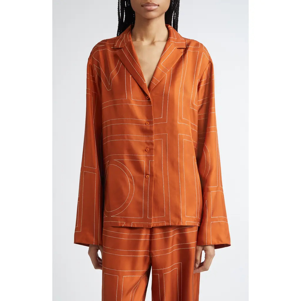 TOTEME Monogram Embroidered Silk Button-Up Shirt in Terracotta at Nordstrom, Size 4 Us | Nordstrom