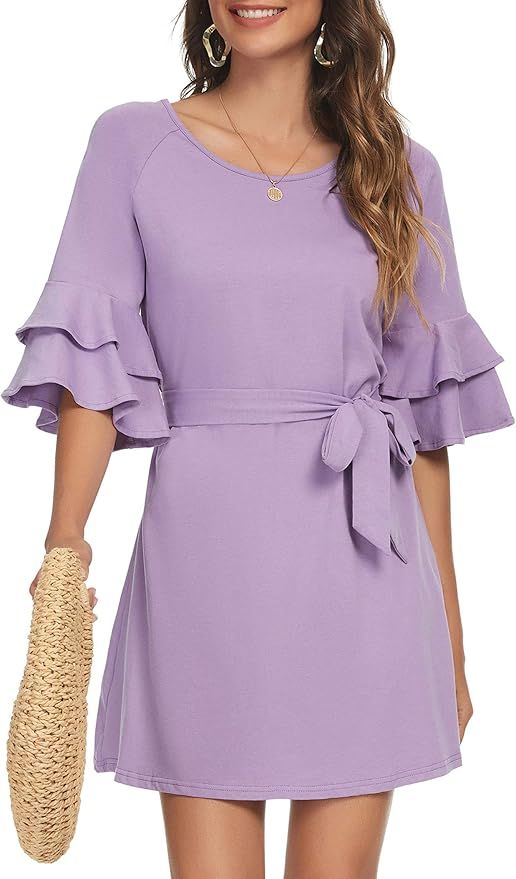 Missufe Women's Bell Sleeve Short Beach Tie Waist Shift Dress | Amazon (US)