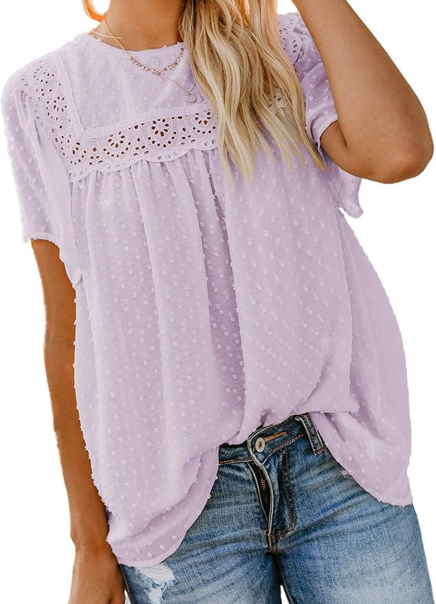 Diukia Women's Summer Cute Crewneck Lace Crochet Chiffon Pom Pom Blouses Casual Flowy Short Sleev... | Amazon (US)
