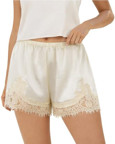 Women Lace Trim Satin Silk Shorts (White, X-Large) | Amazon (US)