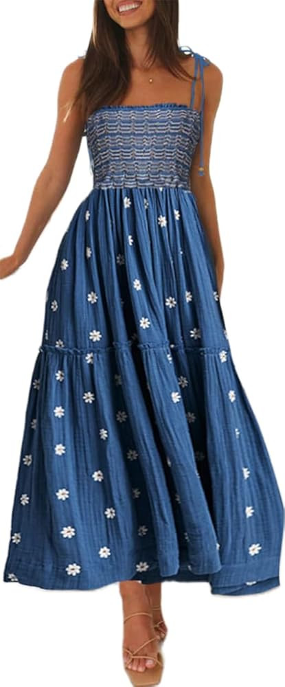Womens Boho Long Summer Dresses Casual Beach Vacation Sun Dress Spaghetti Strap Flowy Embroidered... | Amazon (US)