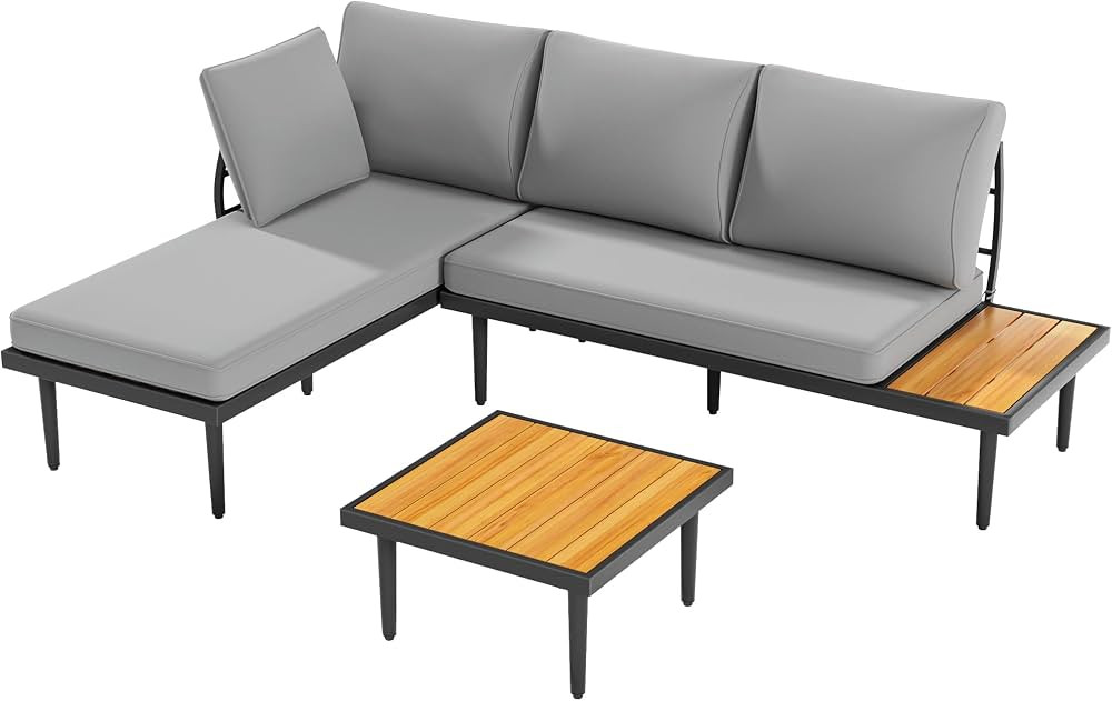 Devoko Outdoor Sectional Furniture Patio Sectional Sofa with Acacia Wood Table, Patio L-Shaped Co... | Amazon (US)