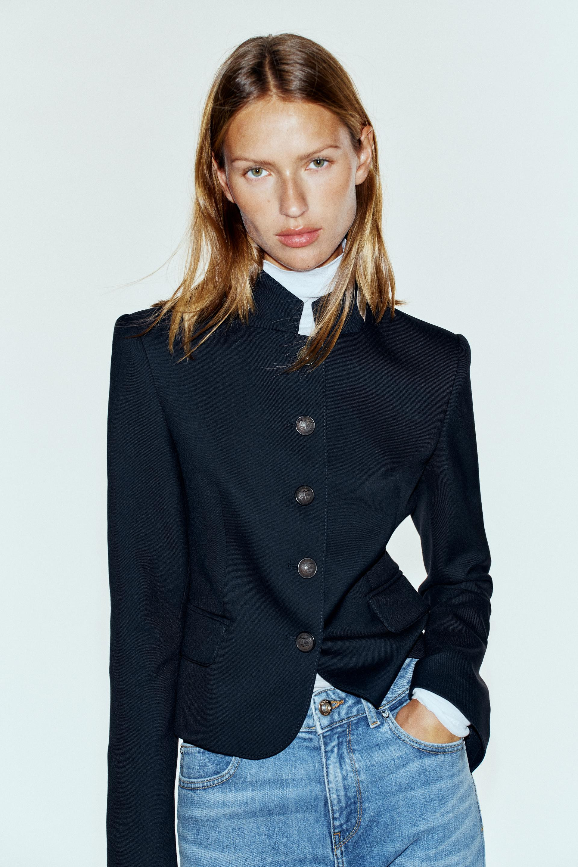 Zara - Contrast Collar Blazer - Navy Blue - M - Woman | Zara US
