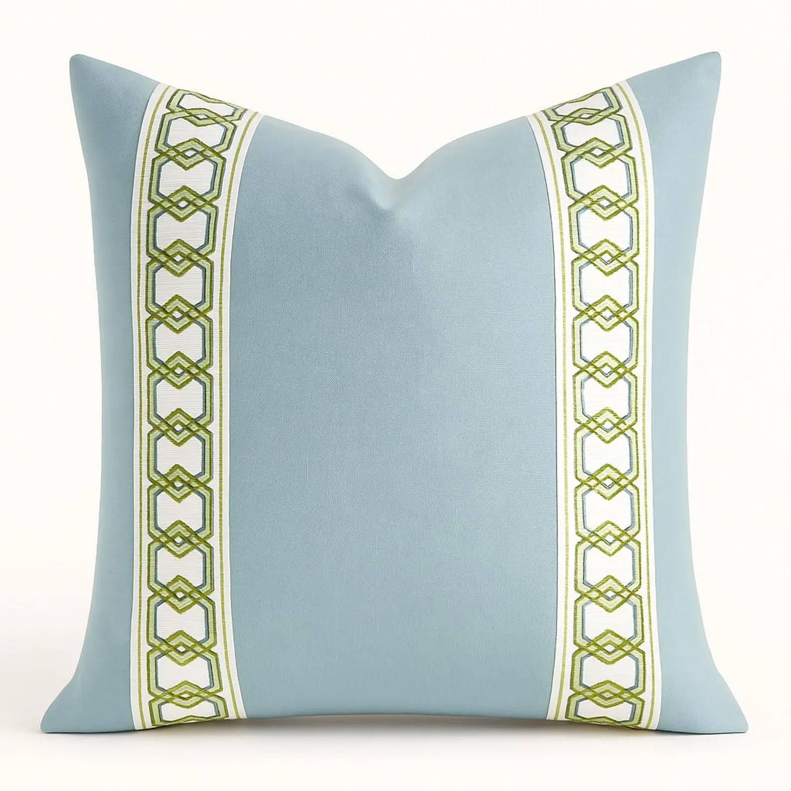 Designer Pillow cover light blue velvet apple green hex  trim geometric bolster throw custom Pipi... | Etsy (Global)