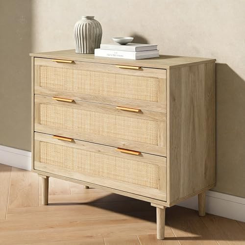 HOPUBUY Large Nightstand with Rattan Drawer, Modern 3 Drawer Night Stand for Bedroom, Wooden Bedside Table for Queen Size and King Size Bed,Oak | Amazon (US)