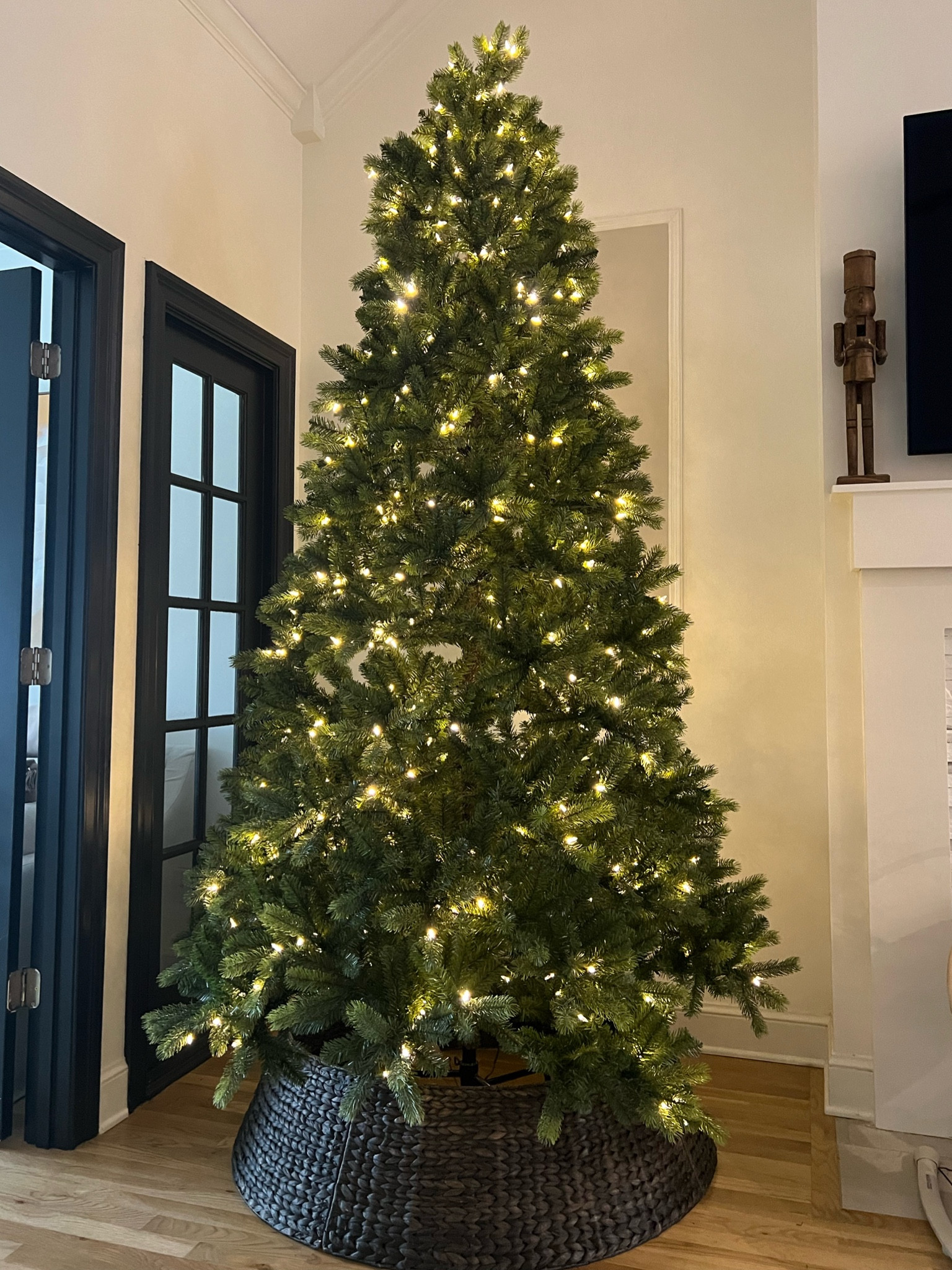 Tree is the 9ft Barbour White Spruce from Home Depot; Collar is the 11.25” x 42” tree collar in Tobacco from Wayfair (Walmart has the same one, but smaller + cheaper) linked both!