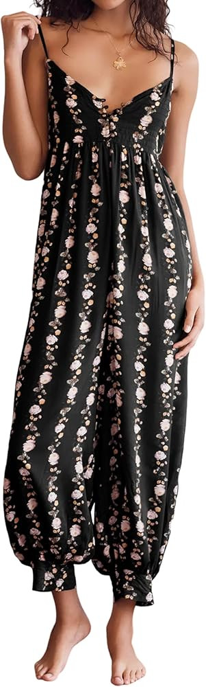 Huaqiao Women Loose Sleeveless Jumpsuits Spaghetti Strap Harem Overalls Boho Summer Floral Print ... | Amazon (US)