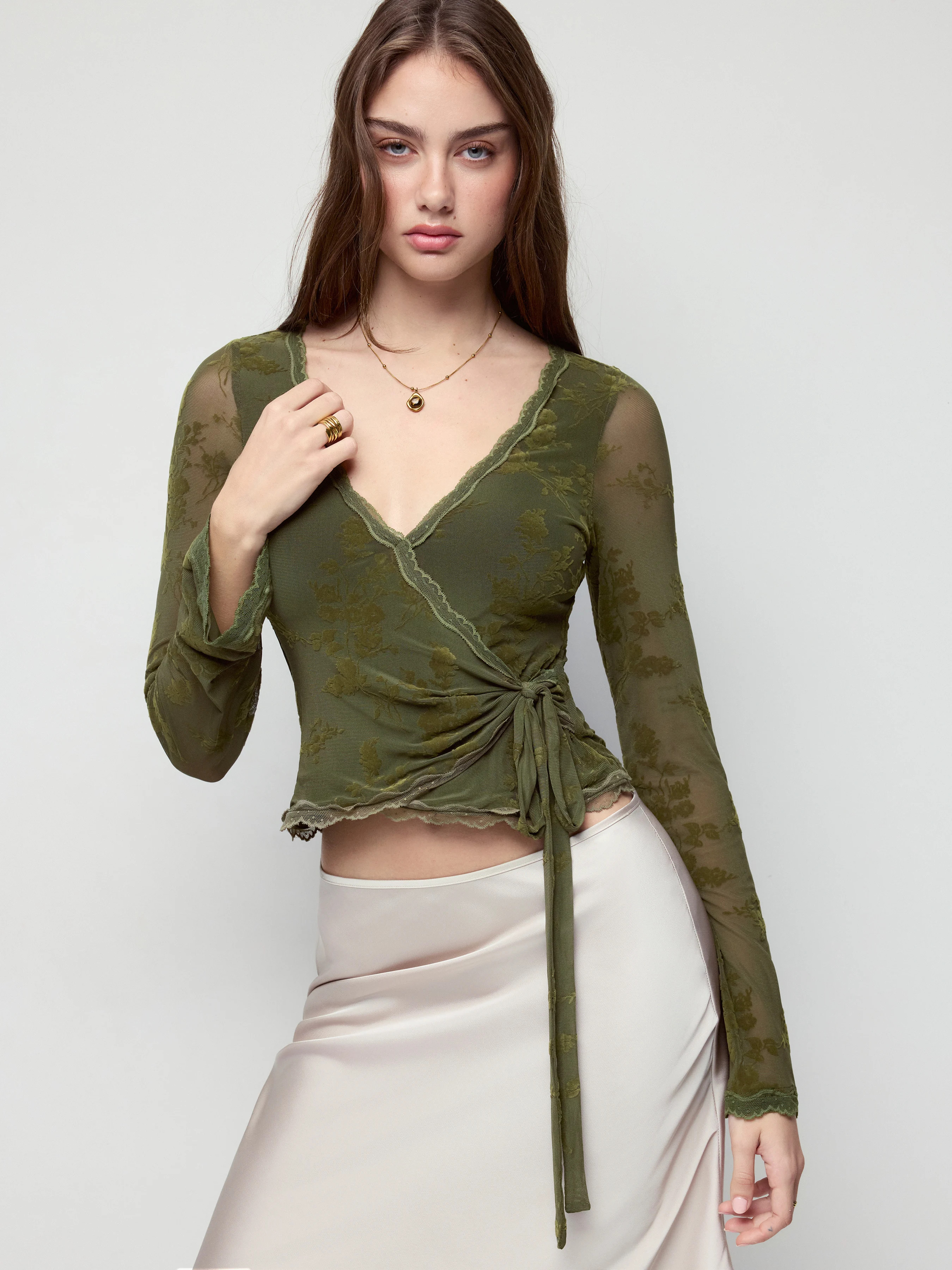 Mesh Flocking Mesh V-neck Floral Bell Sleeve Twist Knotted Top For Daily Casual Date | Cider