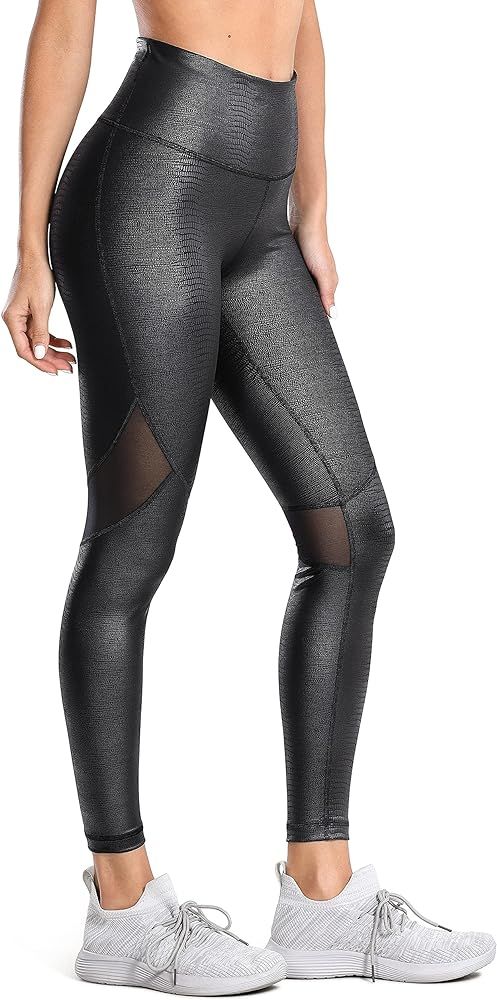CRZ YOGA Women's Faux Leather Workout Leggings 25 Inches - Mesh Tight Athletic Pants with Drawcord M | Amazon (US)