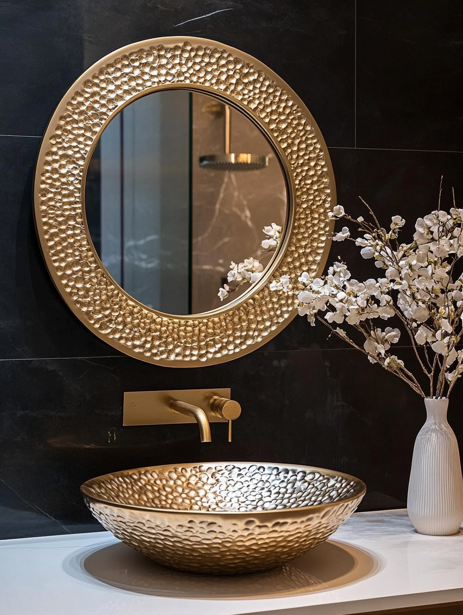Create a high-end, restaurant-style powder room at home.

A statement gold round mirror paired with a sculptural gold vessel sink instantly transforms an ordinary vanity into a luxury moment. The texture, the shine, the reflection — it feels like stepping into a five-star space.

If you’re not changing your sink, simply upgrade to a gold wall-mounted faucet and coordinate it with a gold-framed mirror. Sometimes luxury is about matching finishes, not full renovations.

Powder rooms are small — which means you can go bold.
Make it dramatic. Make it unforgettable.

#PowderRoomDesign #LuxuryBathroom #VesselSink #GoldFixtures #WallMountedFaucet #StatementMirror #HighEndInteriors #BathroomUpgrade #RestaurantStyle #ElegantHome #ModernLuxury #HomeDecorInspo 

 #LTKHome