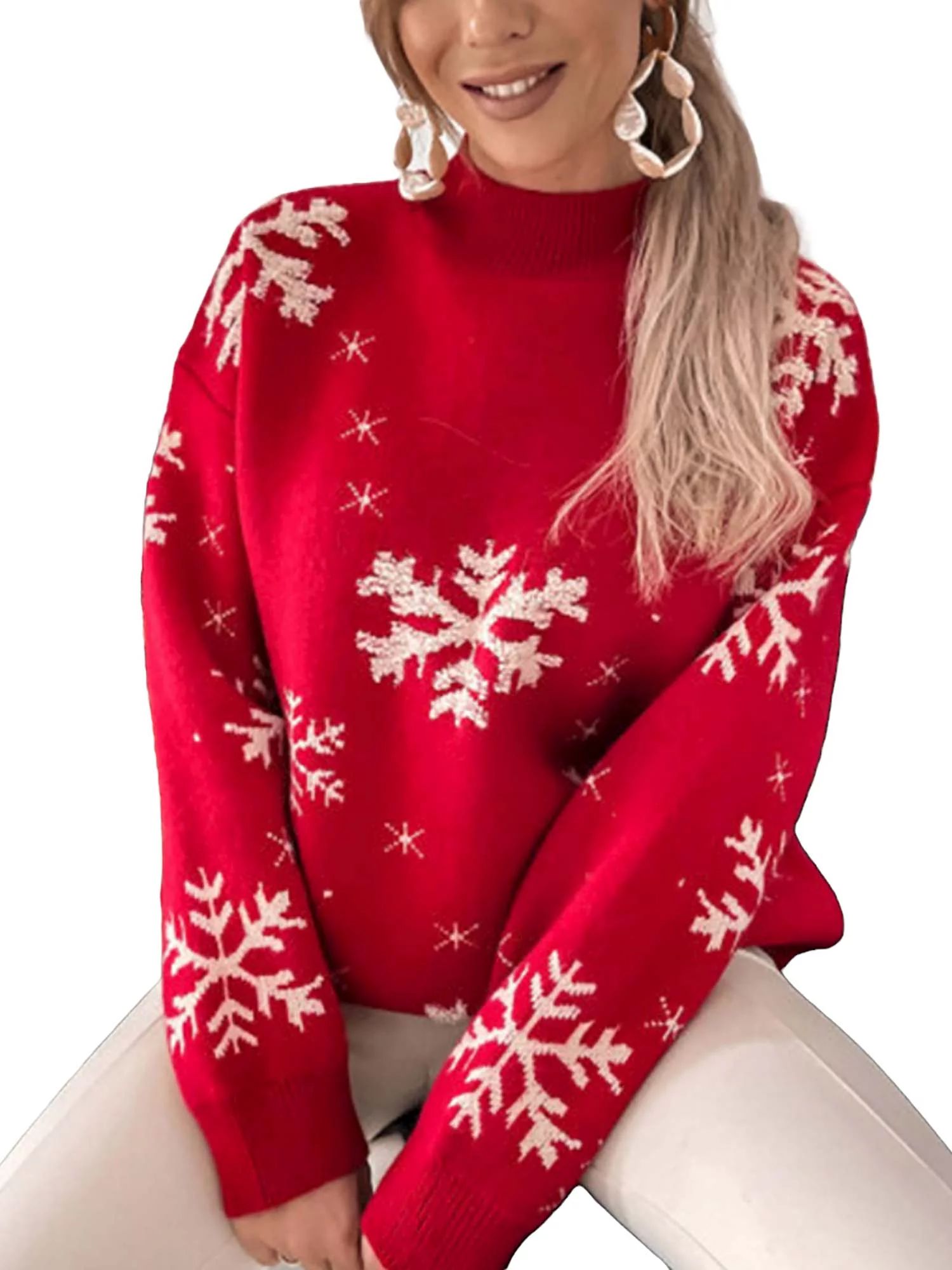 Julycc Womens Winter Knitwear Christmas Snowflake Print Turtle Neck Jumper Sweater Tops | Walmart (US)