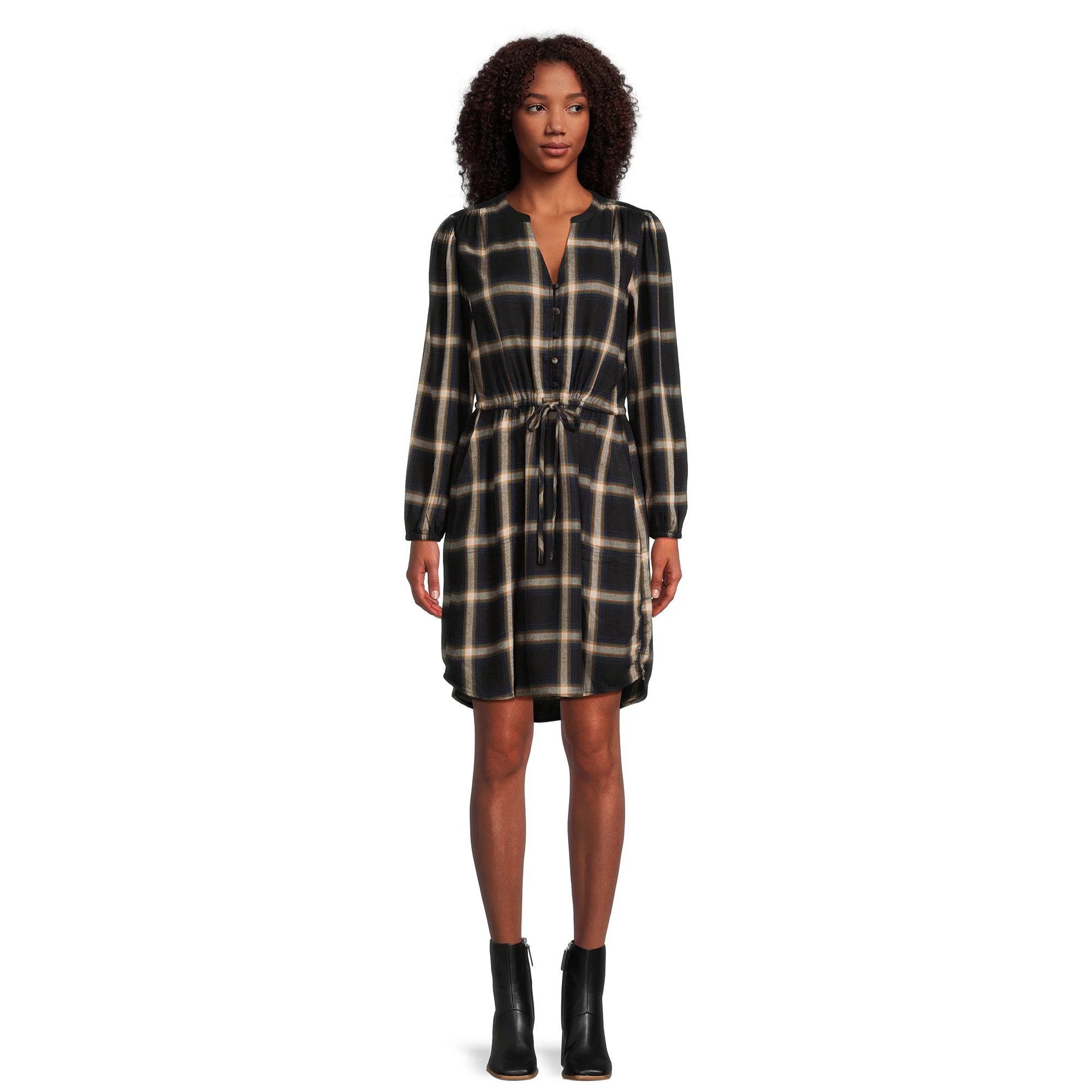 Time and Tru Women's Long Sleeve Drawstring Dress | Walmart (US)