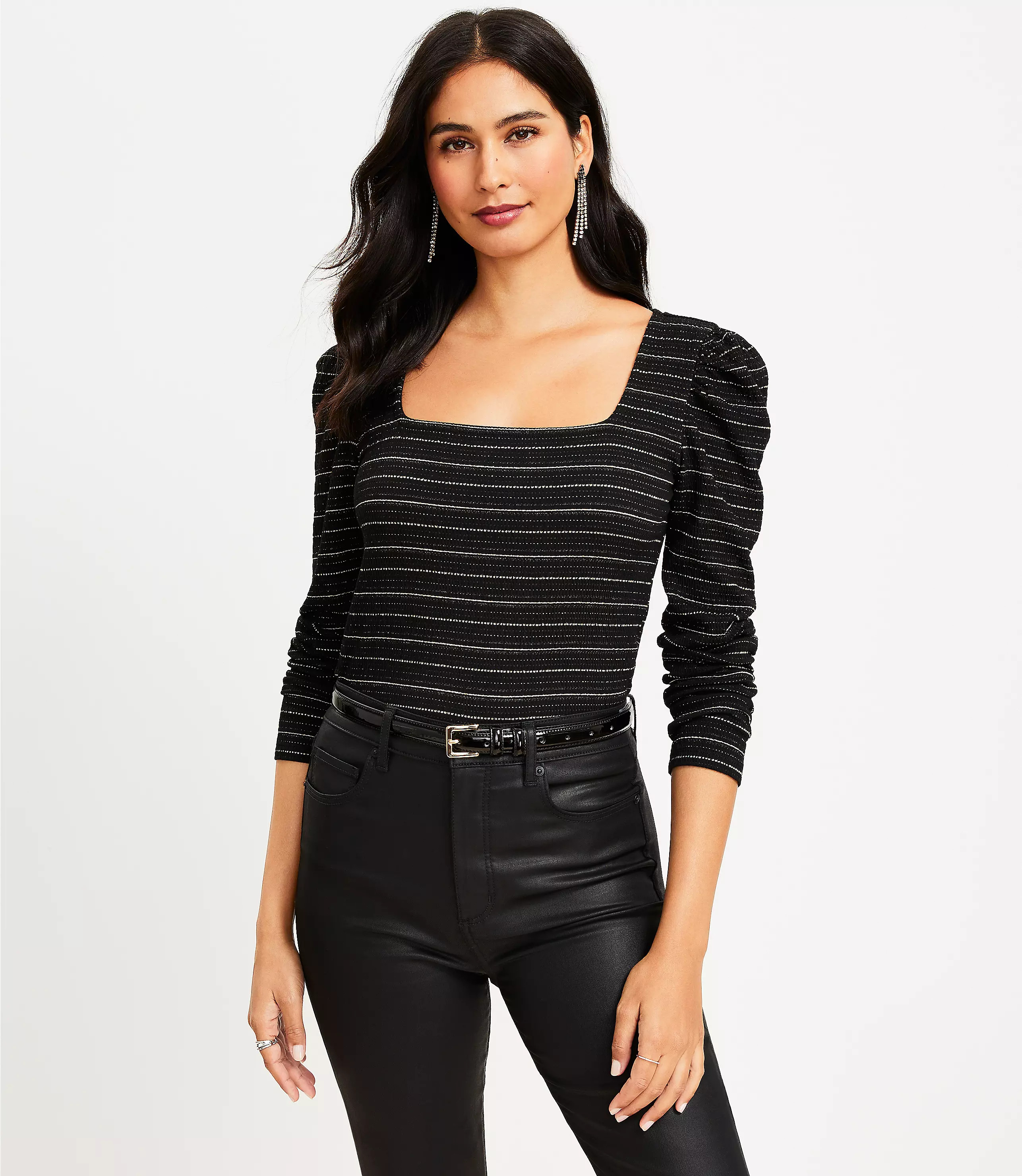 Sparkle Puff Sleeve Square Neck Top | LOFT