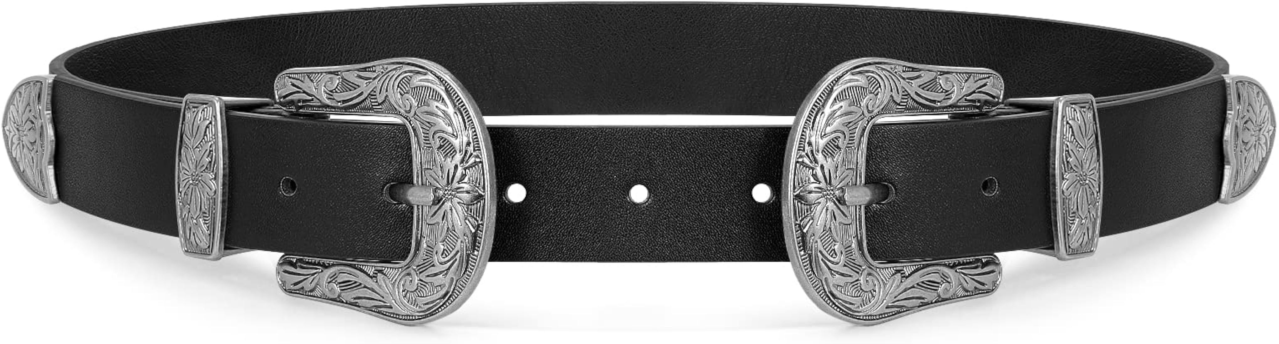 WHIPPY Vintage Western Leather Belt for Women Double Buckle Retro Cowgirl Waist Belts for Jeans P... | Amazon (US)
