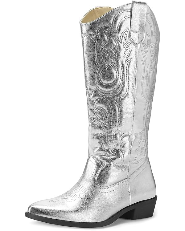 mysoft Women's Cowboy Boots Mid Calf Cowgirl Boots Embroidered Western Pointed Toe Chunky Heel Pu... | Amazon (US)