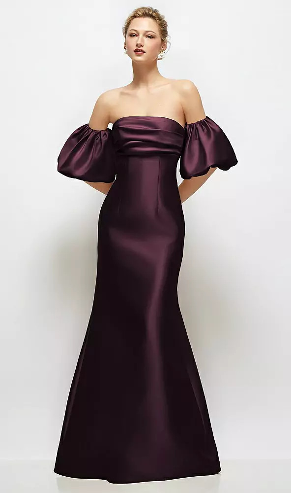 Off-the-Shoulder Puff Sleeve Satin Maxi Dress with Flared Skirt in Deep Plum | Dessy Group