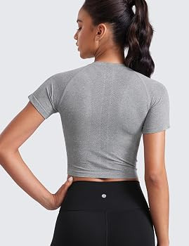 CRZ YOGA Seamless Crop Workout Tops for Women - Athletic Running Gym Yoga Short Sleeve Shirts Bas... | Amazon (US)