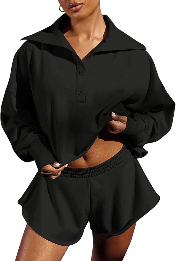 Fisoew Women's 2 Piece Outfits Sweatsuit Oversized Button V Neck Sweatshirt Shorts Tracksuit Set | Amazon (US)