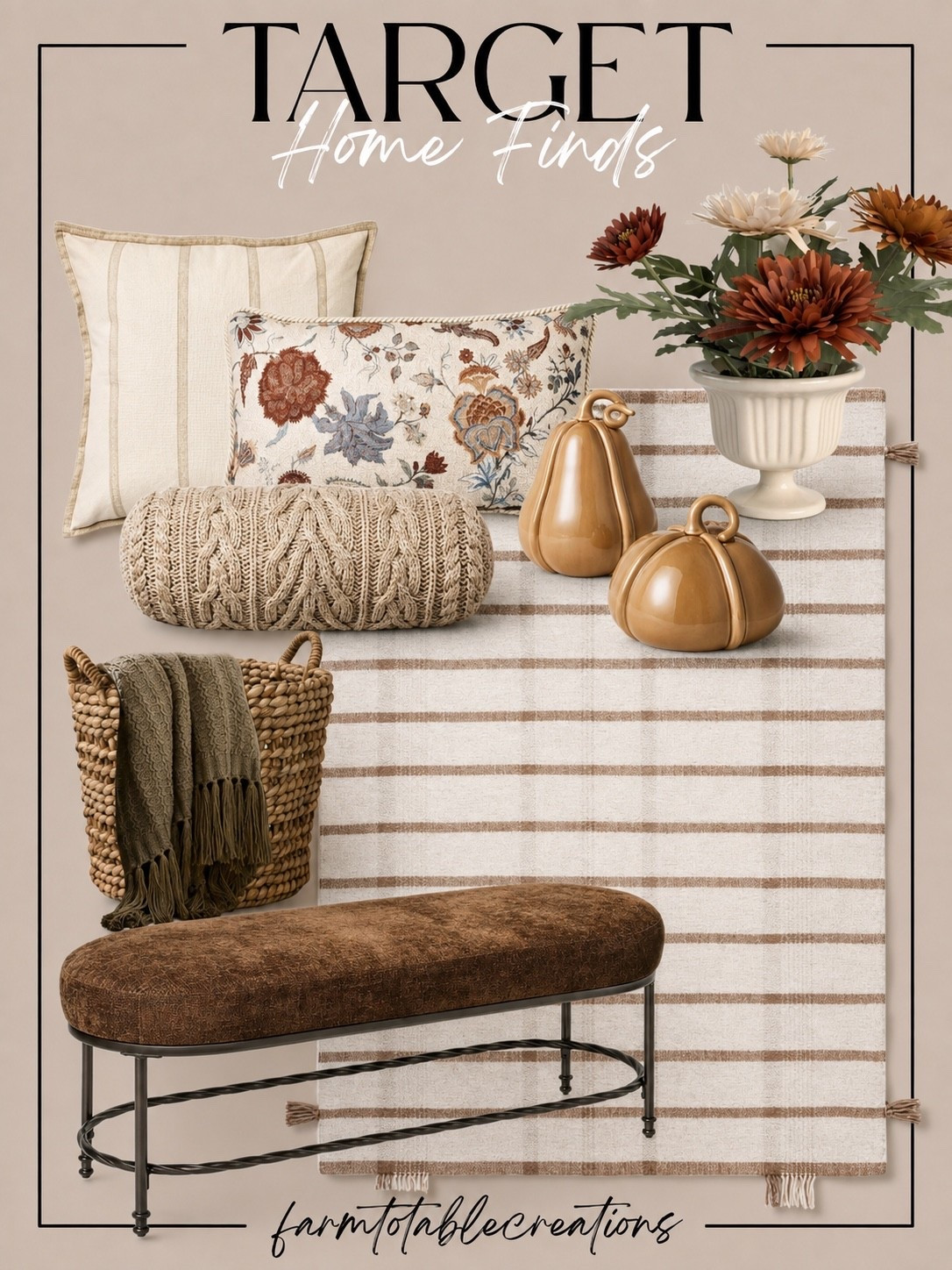 Target Home Finds For A Cozy Fall Refresh

Warm textures, soft neutrals, rich autumn tones, and those little seasonal details that make a home feel instantly more inviting. These Target finds are perfect for layering into your living room, entryway, or any cozy corner for fall.

From the striped rug and textured pillows to the woven basket, warm wood tones, and pumpkins, these pieces make it easy to create a collected designer look without completely redoing your space.

Follow @farmtotablecreations on Instagram for more home finds and styling inspiration.

#targetfinds #targethome #falldecor #fallhome #cozyhome #homedecor #homefinds #fallinspiration

#LTKHome #LTKSeasonal