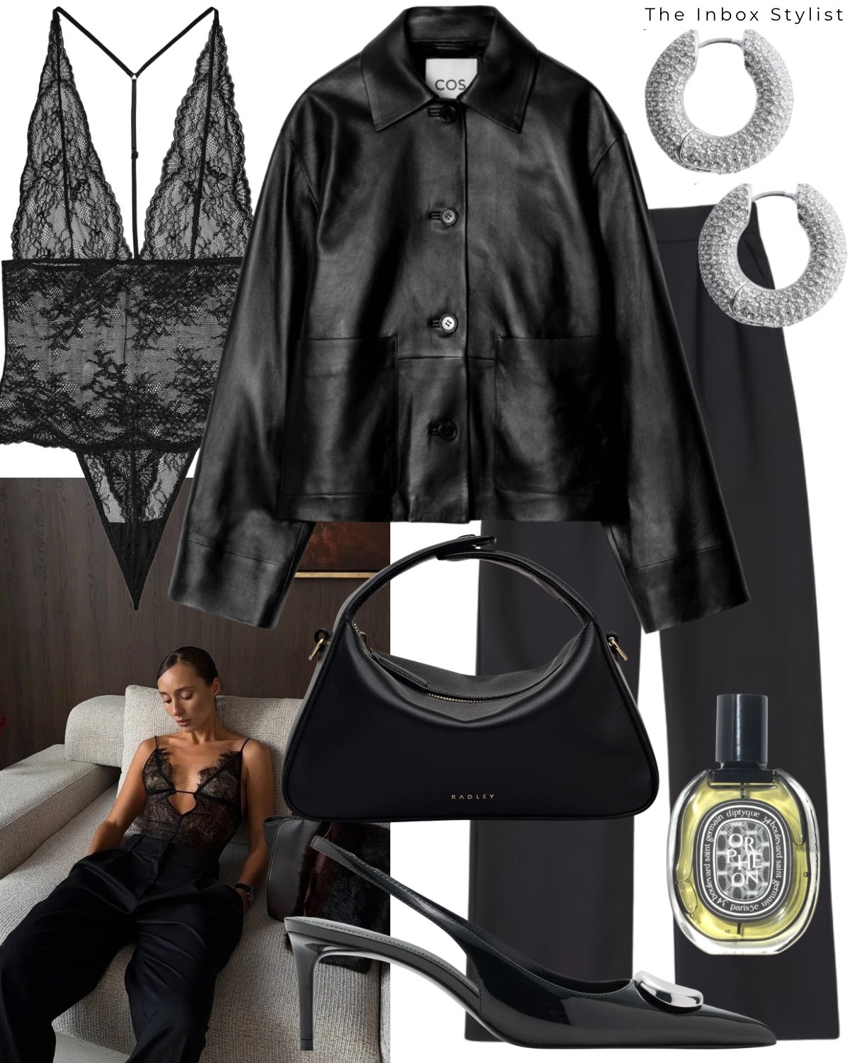 Leather & lace - the perfect cool for pairing. 

Including lace bodysuit, leather jacket, black tailored trousers, silk hoop earrings, perfume, black clutch bag, black heels with metal details  

#LTKfestive #LTKwinter #LTKpartywear